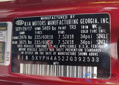 2018 Kia Sorento 3.3L Ex z USA, uszkodzony, nr VIN 5XYPH4A52JG392533